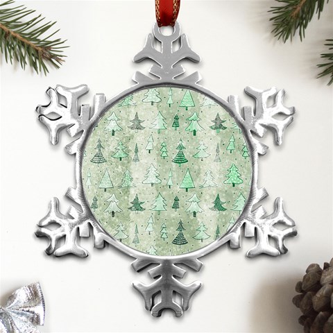 Green Christmas Trees, Cute, Doodle Metal Small Snowflake Ornament from ArtsNow.com Front