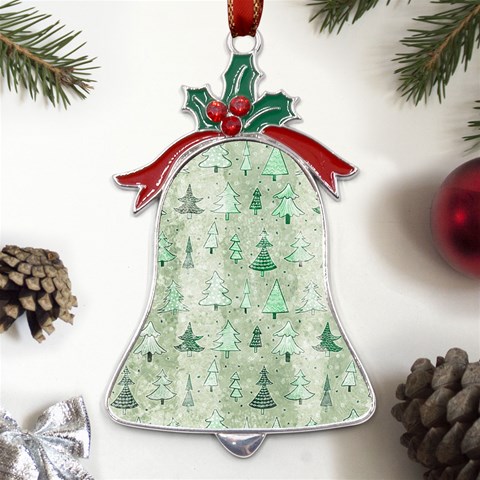 Green Christmas Trees, Cute, Doodle Metal Holly Leaf Bell Ornament from ArtsNow.com Front