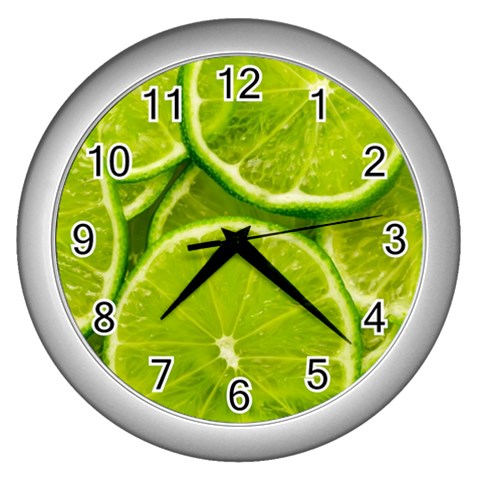 Lime Slices Close Up, Fresh, Fruit, Green Lemon Wall Clock (Silver) from ArtsNow.com Front