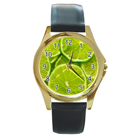 Lime Slices Close Up, Fresh, Fruit, Green Lemon Round Gold Metal Watch from ArtsNow.com Front