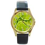 Lime Slices Close Up, Fresh, Fruit, Green Lemon Round Gold Metal Watch