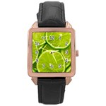 Lime Slices Close Up, Fresh, Fruit, Green Lemon Rose Gold Leather Watch 