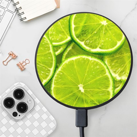 Lime Slices Close Up, Fresh, Fruit, Green Lemon Wireless Fast Charger(Black) from ArtsNow.com Front