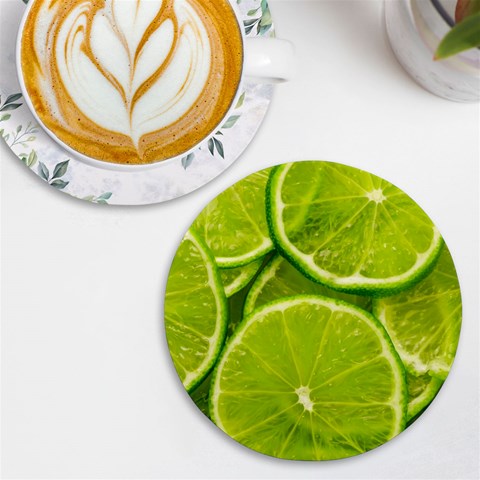 Lime Slices Close Up, Fresh, Fruit, Green Lemon UV Print Round Tile Coaster from ArtsNow.com Front