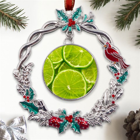 Lime Slices Close Up, Fresh, Fruit, Green Lemon Metal X mas Wreath Holly leaf Ornament from ArtsNow.com Front