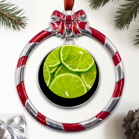 Lime Slices Close Up, Fresh, Fruit, Green Lemon Metal Red Ribbon Round Ornament from ArtsNow.com Front