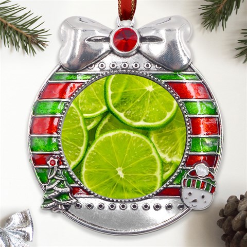 Lime Slices Close Up, Fresh, Fruit, Green Lemon Metal X Mas Ribbon With Red Crystal Round Ornament from ArtsNow.com Front