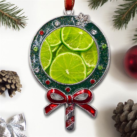 Lime Slices Close Up, Fresh, Fruit, Green Lemon Metal X Mas Lollipop with Crystal Ornament from ArtsNow.com Front