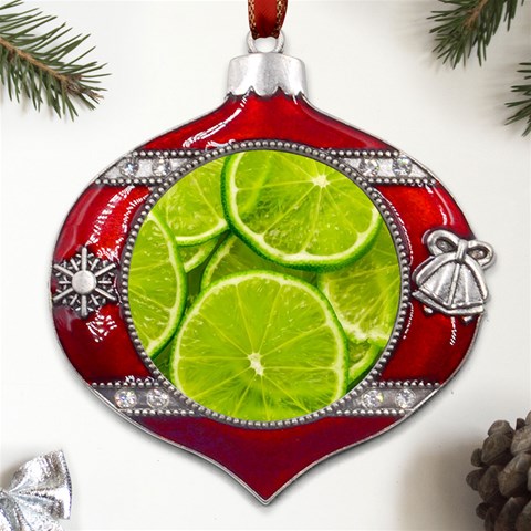 Lime Slices Close Up, Fresh, Fruit, Green Lemon Metal Snowflake And Bell Red Ornament from ArtsNow.com Front