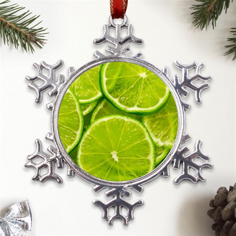 Lime Slices Close Up, Fresh, Fruit, Green Lemon Metal Large Snowflake Ornament from ArtsNow.com Front