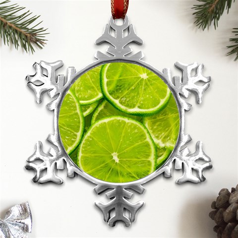 Lime Slices Close Up, Fresh, Fruit, Green Lemon Metal Small Snowflake Ornament from ArtsNow.com Front