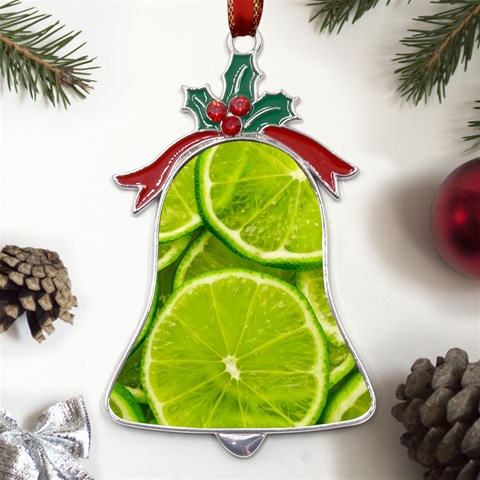 Lime Slices Close Up, Fresh, Fruit, Green Lemon Metal Holly Leaf Bell Ornament from ArtsNow.com Front