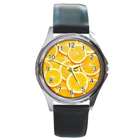 Oranges, Orange, Fruits Round Metal Watch from ArtsNow.com Front