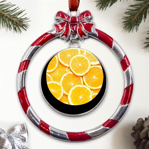 Oranges, Orange, Fruits Metal Red Ribbon Round Ornament from ArtsNow.com Front