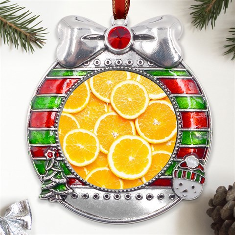 Oranges, Orange, Fruits Metal X Mas Ribbon With Red Crystal Round Ornament from ArtsNow.com Front