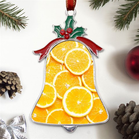 Oranges, Orange, Fruits Metal Holly Leaf Bell Ornament from ArtsNow.com Front