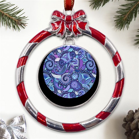 Patterns, Doodles, Pattern, Colorful Metal Red Ribbon Round Ornament from ArtsNow.com Front