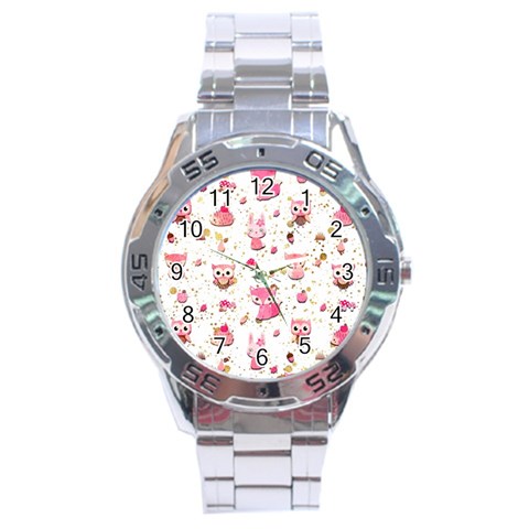 Pink Woodland Animals, Koteto Stainless Steel Analogue Watch from ArtsNow.com Front