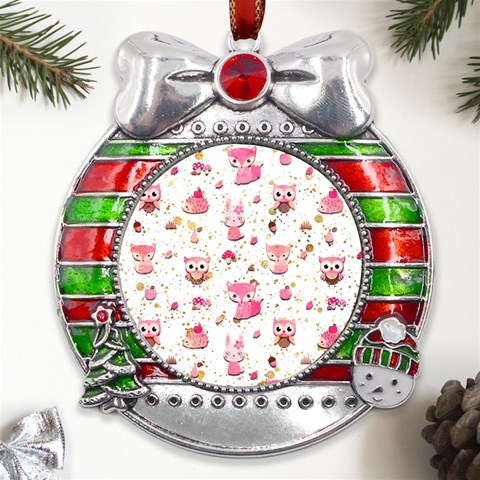 Pink Woodland Animals, Koteto Metal X Mas Ribbon With Red Crystal Round Ornament from ArtsNow.com Front