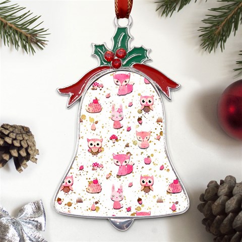 Pink Woodland Animals, Koteto Metal Holly Leaf Bell Ornament from ArtsNow.com Front