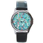 Snowy Winter Foliage, Adoxali, Christmas, Berry, Blue Round Metal Watch