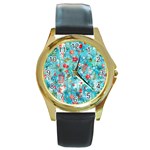 Snowy Winter Foliage, Adoxali, Christmas, Berry, Blue Round Gold Metal Watch