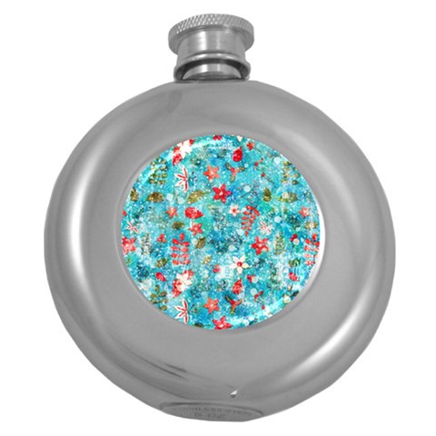 Snowy Winter Foliage, Adoxali, Christmas, Berry, Blue Round Hip Flask (5 oz) from ArtsNow.com Front