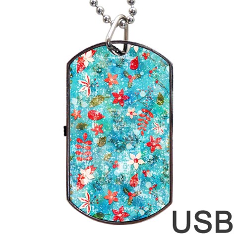 Snowy Winter Foliage, Adoxali, Christmas, Berry, Blue Dog Tag USB Flash (One Side) from ArtsNow.com Front