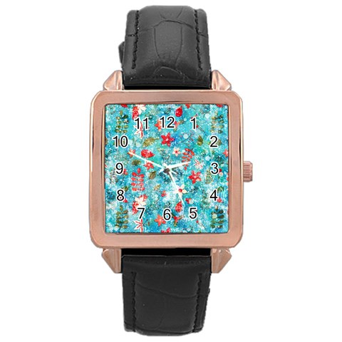 Snowy Winter Foliage, Adoxali, Christmas, Berry, Blue Rose Gold Leather Watch  from ArtsNow.com Front