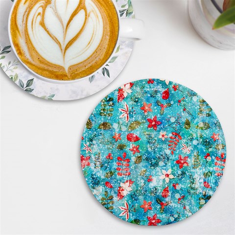 Snowy Winter Foliage, Adoxali, Christmas, Berry, Blue UV Print Round Tile Coaster from ArtsNow.com Front