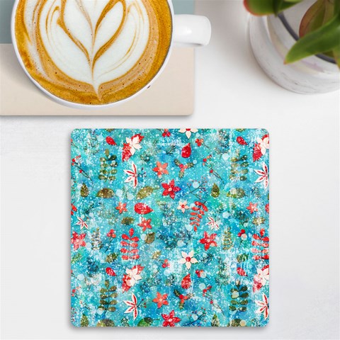 Snowy Winter Foliage, Adoxali, Christmas, Berry, Blue UV Print Square Tile Coaster  from ArtsNow.com Front