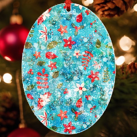 Snowy Winter Foliage, Adoxali, Christmas, Berry, Blue UV Print Acrylic Ornament Oval from ArtsNow.com Front