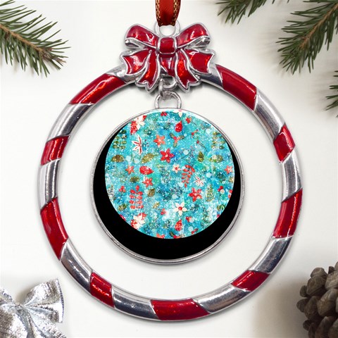 Snowy Winter Foliage, Adoxali, Christmas, Berry, Blue Metal Red Ribbon Round Ornament from ArtsNow.com Front