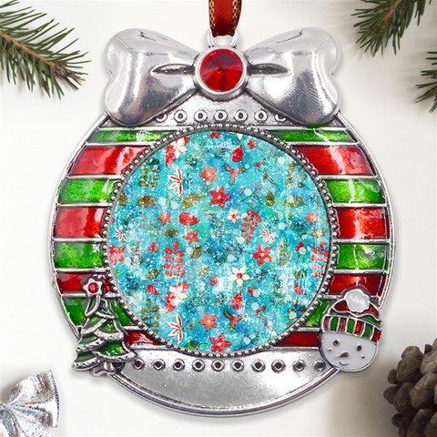 Snowy Winter Foliage, Adoxali, Christmas, Berry, Blue Metal X Mas Ribbon With Red Crystal Round Ornament from ArtsNow.com Front