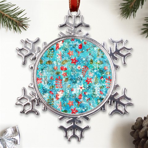 Snowy Winter Foliage, Adoxali, Christmas, Berry, Blue Metal Large Snowflake Ornament from ArtsNow.com Front