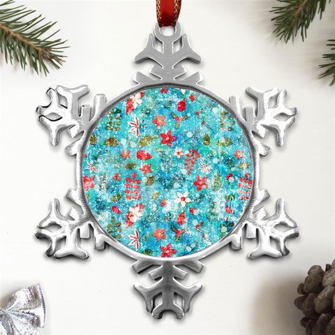 Snowy Winter Foliage, Adoxali, Christmas, Berry, Blue Metal Small Snowflake Ornament from ArtsNow.com Front