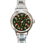 Texture, Pattern, Red, Craciun, Christmas, Hat, Santa, Green Round Italian Charm Watch