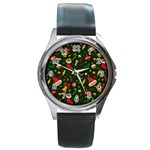 Texture, Pattern, Red, Craciun, Christmas, Hat, Santa, Green Round Metal Watch