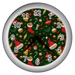 Texture, Pattern, Red, Craciun, Christmas, Hat, Santa, Green Wall Clock (Silver)