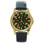 Texture, Pattern, Red, Craciun, Christmas, Hat, Santa, Green Round Gold Metal Watch