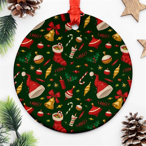 Texture, Pattern, Red, Craciun, Christmas, Hat, Santa, Green Round Ornament (Two Sides) from ArtsNow.com Front