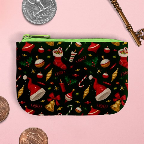 Texture, Pattern, Red, Craciun, Christmas, Hat, Santa, Green Mini Coin Purse from ArtsNow.com Front