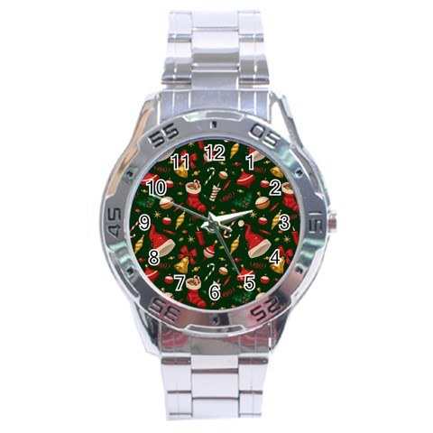 Texture, Pattern, Red, Craciun, Christmas, Hat, Santa, Green Stainless Steel Analogue Watch from ArtsNow.com Front