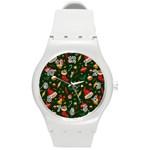 Texture, Pattern, Red, Craciun, Christmas, Hat, Santa, Green Round Plastic Sport Watch (M)