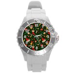 Texture, Pattern, Red, Craciun, Christmas, Hat, Santa, Green Round Plastic Sport Watch (L)