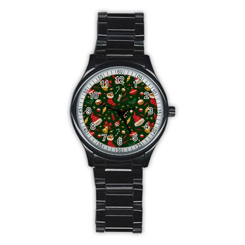 Texture, Pattern, Red, Craciun, Christmas, Hat, Santa, Green Stainless Steel Round Watch from ArtsNow.com Front