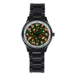 Texture, Pattern, Red, Craciun, Christmas, Hat, Santa, Green Stainless Steel Round Watch