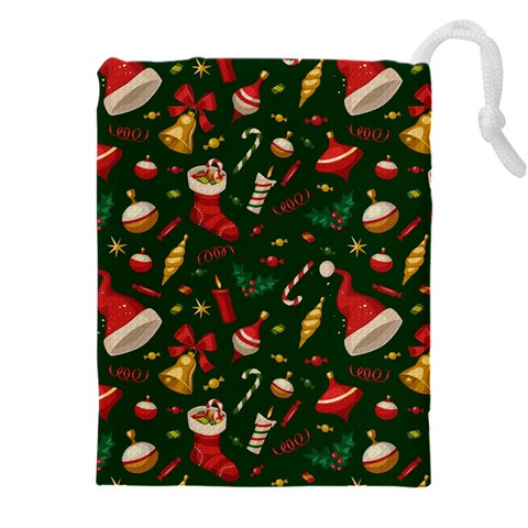 Texture, Pattern, Red, Craciun, Christmas, Hat, Santa, Green Drawstring Pouch (4XL) from ArtsNow.com Front