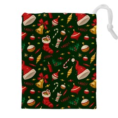 Texture, Pattern, Red, Craciun, Christmas, Hat, Santa, Green Drawstring Pouch (4XL) from ArtsNow.com Front