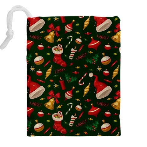 Texture, Pattern, Red, Craciun, Christmas, Hat, Santa, Green Drawstring Pouch (4XL) from ArtsNow.com Back